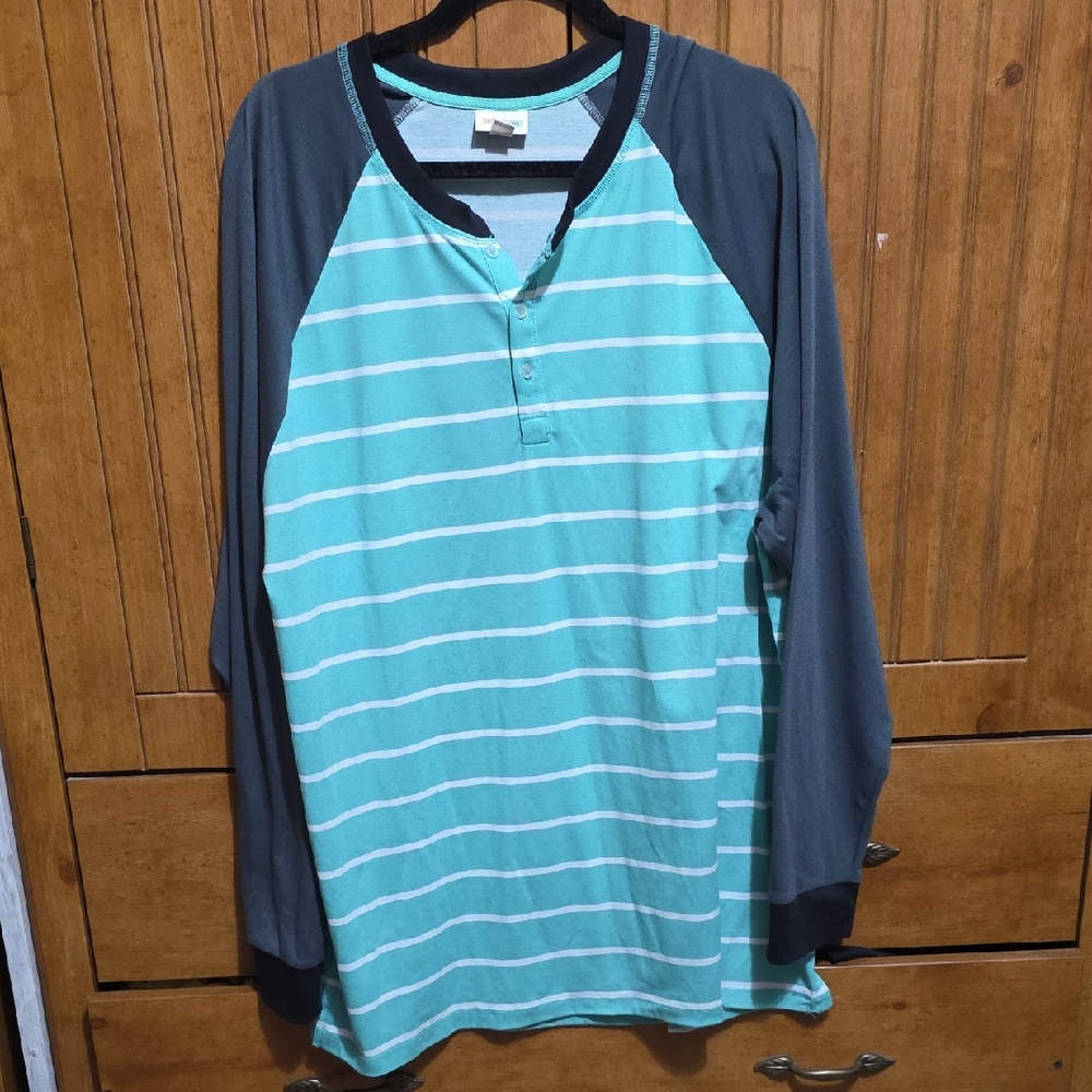 LuLaRoe Men's Striped Henley in Teal and Dark Gray